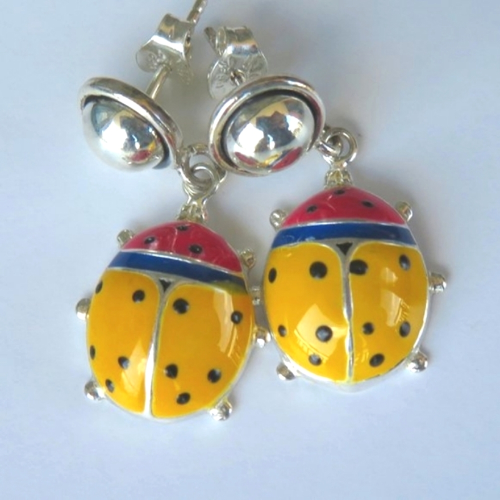 Super Cute Sterling Silver Enamel LADYBUG Earrings